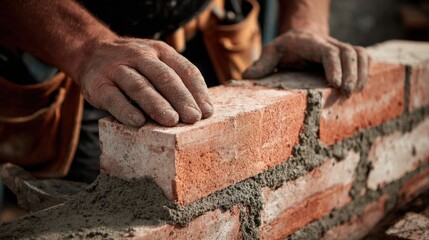 Close-up of bricklayer hands applying mortar and placing brick with precision, tool belt visible.
