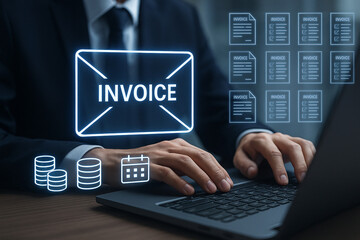 Businessman working on laptop with invoice graphic overlay and document icons floating above it