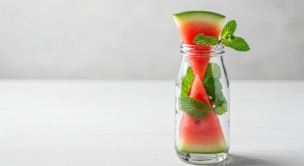 Watermelon Wedges in Glass Bottle with Mint, Refreshing Summer Still Life