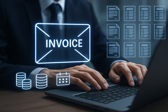 Businessman working on laptop with invoice graphic overlay and document icons floating above it - Powered by Adobe