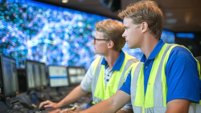 Two engineers examine a digital dashboard monitoring CO₂ savings from a city&rsquo;s biofuel transit fleet