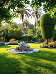 Lush garden scene featuring palm trees rock formation and meticulously manicured green lawn space