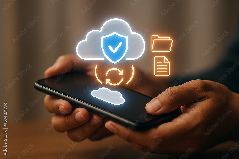 Poster hands holding smartphone with cloud security and data synchronization icons displayed on the screen
