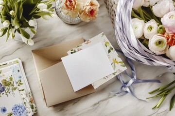 Elegant flat lay of mothering sunday greeting cards with floral arrangements for heartfelt celebrations