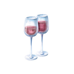 Composition of two glasses of red wine. Isolated watercolor illustration for bar menu design, restaurant interior, printing on alcoholic products, printing on textiles and posters.
