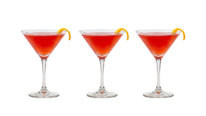 Elegant trio of Cosmopolitan cocktails with vibrant red hues and a transparent display