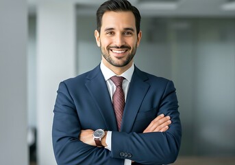 Happy Professional Man Posing with Folded Arms in Office Setting