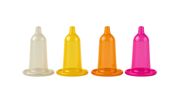 Colorful collection of prophylactics arranged horizontally in a row on a transparent display,