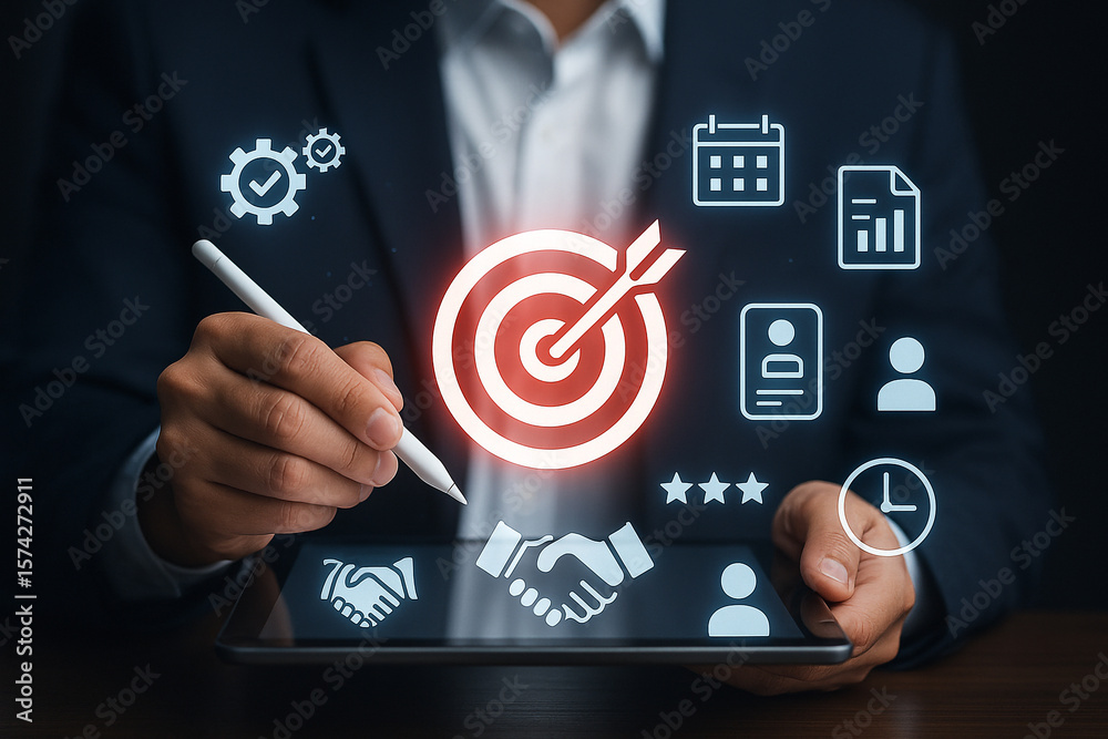 Poster person using tablet displaying target with arrow surrounded by business related icons in dark settin