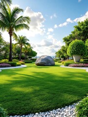 Lush garden with palm trees, green lawn, large rock, and white pebbles under a bright blue sky and clouds