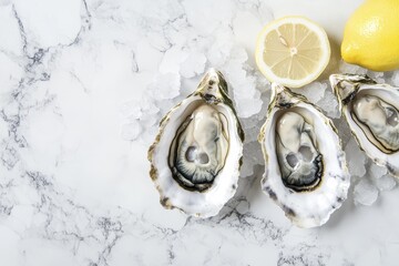 Fresh oysters on ice with lemon on marble background