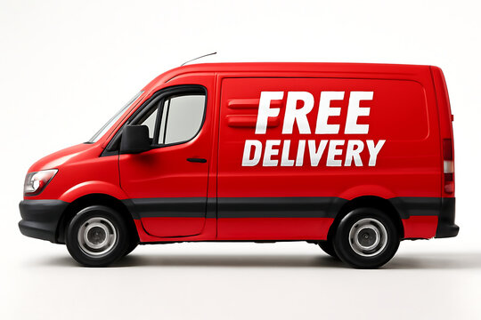 Vibrant Red Delivery Van with Bold Free Delivery Text Promising Fast and Efficient Shipping Services for Customers