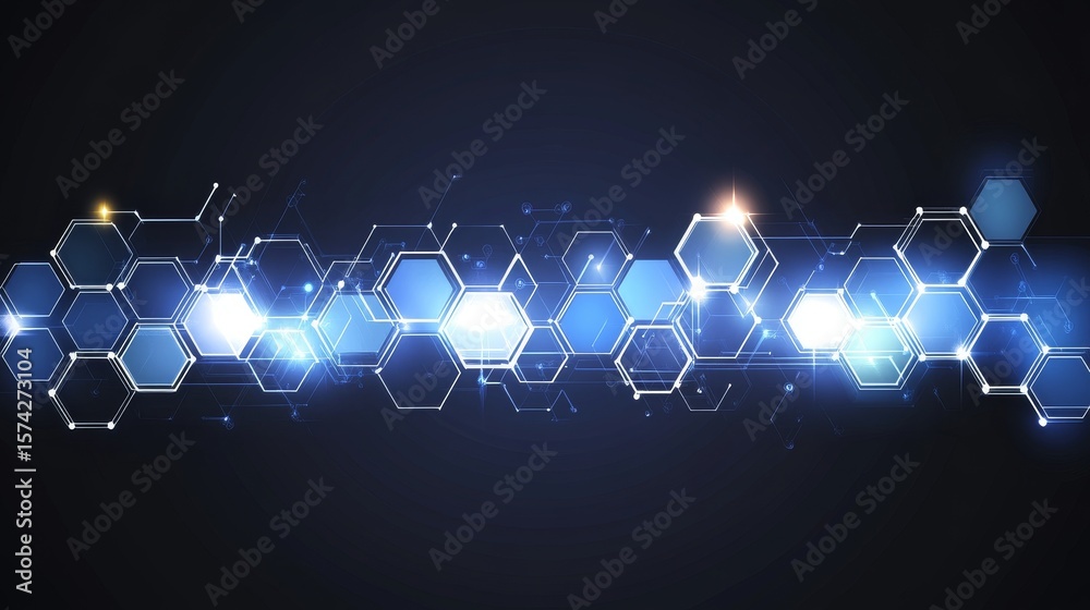 Poster futuristic blue hexagonal pattern with intricate lines and lighting effects on dark background.