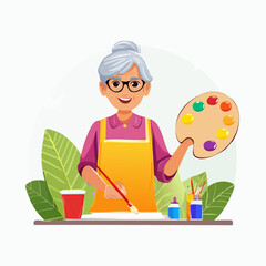 Senior learning to paint for the first time, bright simple vector illustration celebrating s (7)