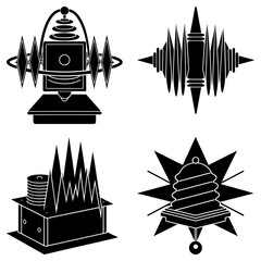 Four abstract black and white illustrations featuring geometric and stylized designs on a white background