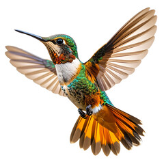 Obraz premium Side View of Colorful Hummingbird Soaring Gracefully in Soft Lighting, Transparent PNG
