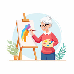 Senior learning to paint for the first time, bright simple vector illustration celebrating s (7)