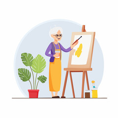 Senior learning to paint for the first time, bright simple vector illustration celebrating s (7)