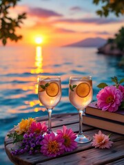 Two glasses of drinks with flowers and books on a wooden table at sunset by the ocean view scene