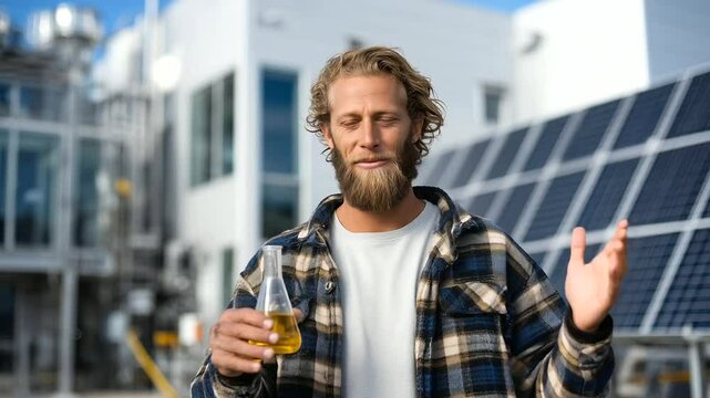 A smiling environmentalist holds up a flask of golden biodiesel in front of a solar-paneled lab
