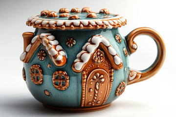Classic style. Gingerbread house shaped ceramic cup with lid on a white background. Christmas atmosphere.