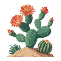 A blooming cactus plant with orange flowers sits on a sandy desert landscape, isolated on transparent background