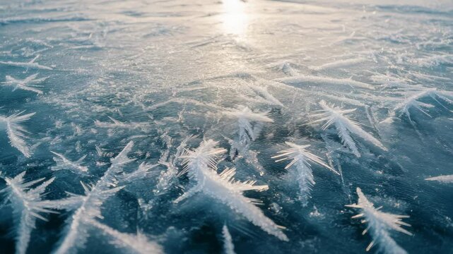 Intricate ice crystals adorn a frozen surface under the winter sun.