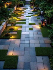 Overhead view of a patterned walkway with grass and lights in an outdoor garden setting at dusk