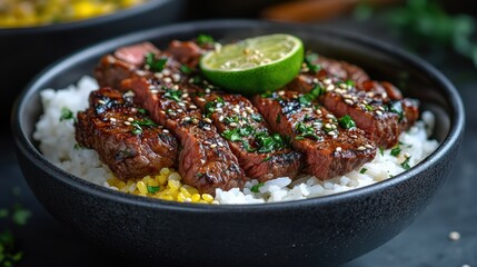 Delicious teriyaki steak rice bowl garnished with lime and sesame seeds in black background studio shot