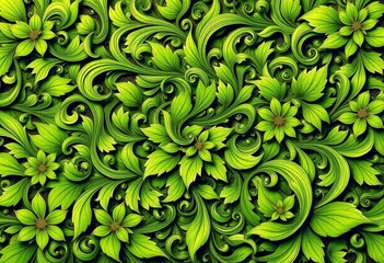 Intricate, swirling green floral pattern, abstract botanical design, vivid, contemporary