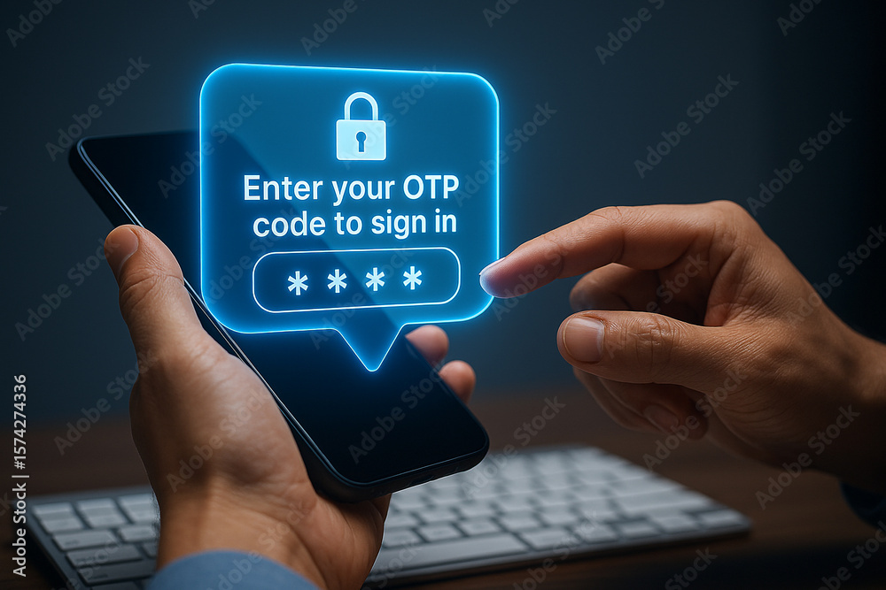 Poster hand entering otp code on smartphone with security lock icon and keyboard in the background view