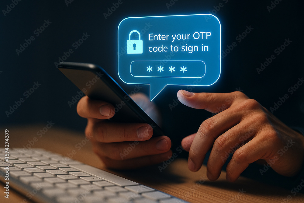 Poster a person entering otp code on a mobile phone with a keyboard visible in a dark setting indoors