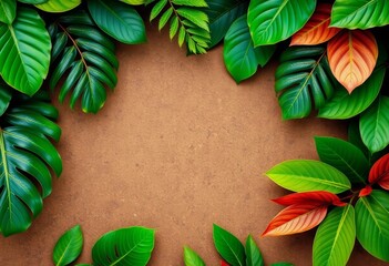 Lush tropical leaves frame a textured, earthy background,   brown,  foliage