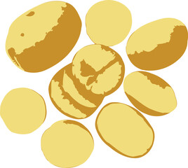 Yellow potatoes sliced and whole on black background studio shot silhouette