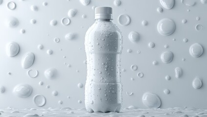 A white plastic water bottle stands amongst water droplets against a white backdrop