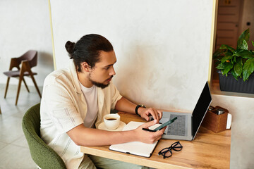 Working remotely in a cozy cafe with laptop and coffee on a sunny summer day