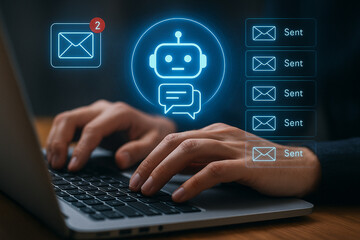 Obraz premium Hands typing on laptop with chatbot icon and sent email icons floating above the keyboard area
