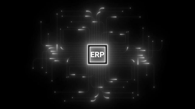 ERP platform visual showing centralized system for enterprise resource planning, improving integration, data flow, business efficiency, finance, inventory, and human resources, neon glow line