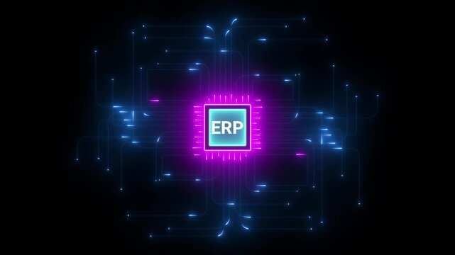 ERP platform visual showing centralized system for enterprise resource planning, improving integration, data flow, business efficiency, finance, inventory, and human resources, neon glow line