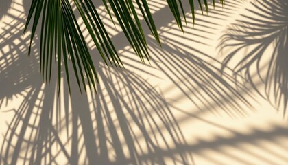 Intricate palm leaf shadows dappled across smooth beige sand,   desert,   natural light