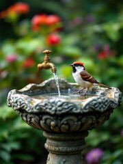 A bird perched on a birdbath with running water surrounded by flowers in a garden setting outdoors