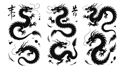 Collection of black chinese dragon illustration vector design for tattoo and graphic design projects silhouette