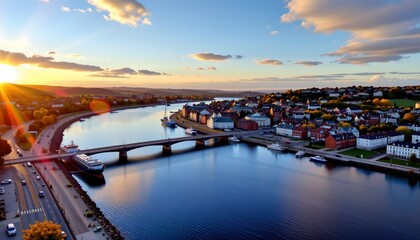 a tranquil riverside town with boats docked at a pier and a bridge overlooking a peaceful waterway during sunset