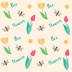 Tulips, bee and sun seamless pattern