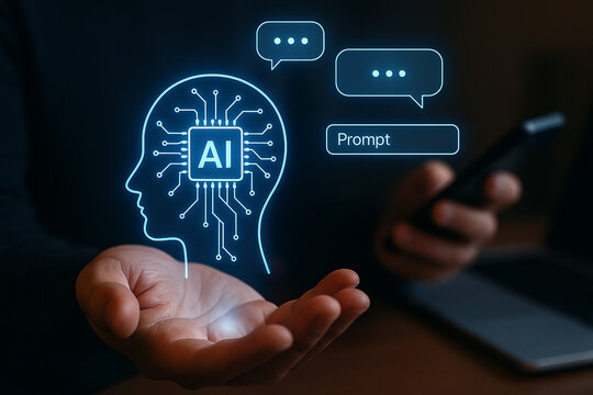Hand holding a glowing ai head with circuit board and speech bubbles with a phone in the background