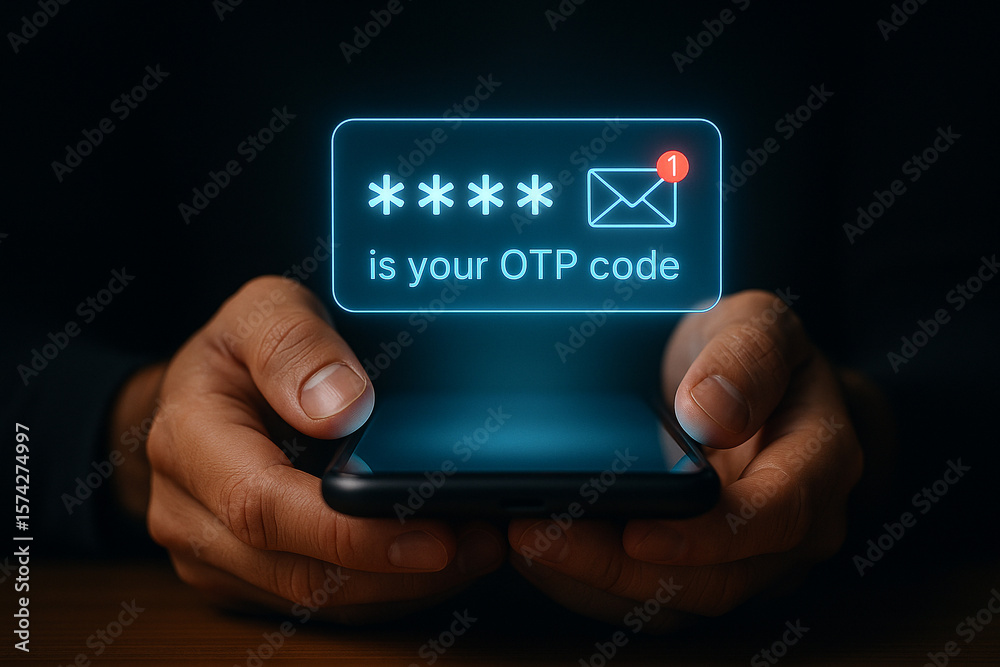 Poster hands holding phone displaying otp code with asterisks and envelope icon in a neon blue box