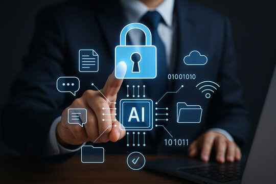 A person in a suit touching a digital padlock with ai and other icons floating around it on a screen