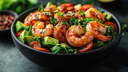 Gourmet Shrimp Avocado Salad Delight Culinary Presentation with Fresh Greens and Herbs in Black Bowl