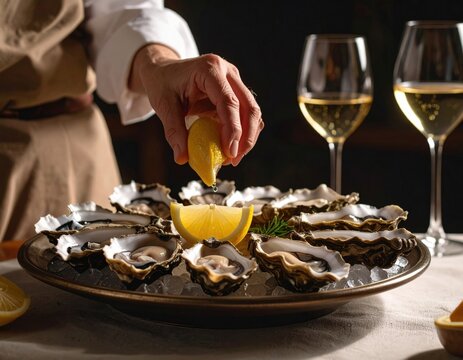 Chef Adding Lemon To Oysters On Platter With Wine Glasses