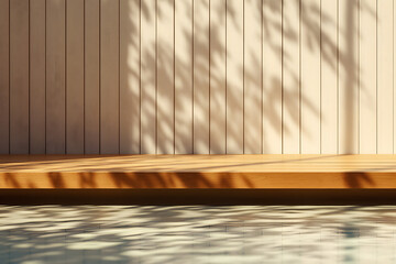 Obraz premium Tranquil Wooden Deck Beside Pool with Tree Shadows Modern Minimal